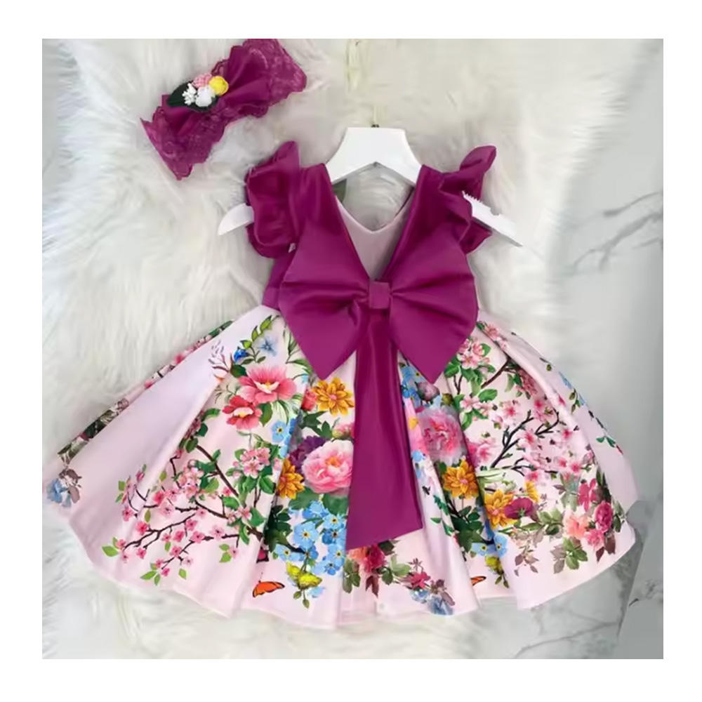 Hot Sale Little Girls Floral Printed Frock Baby Kids Big Bow Boutique Birthday Kids Party Dress L2033XZ